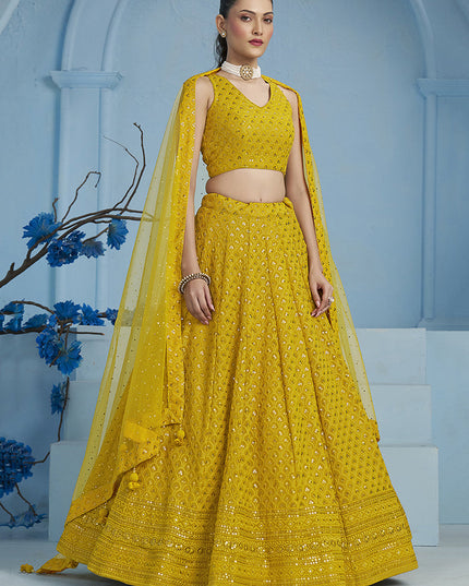 mustard yellow embroidered georgette lehenga choli for wedding