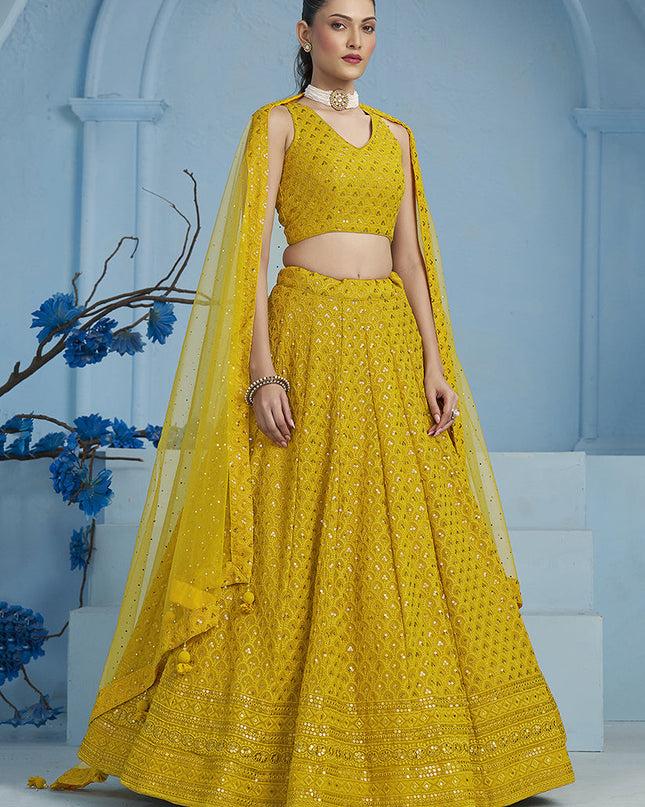 mustard yellow embroidered georgette lehenga choli for wedding