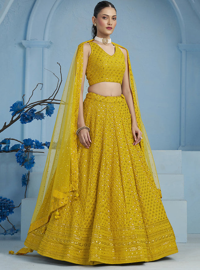 mustard yellow embroidered georgette lehenga choli for wedding