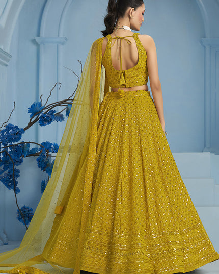 mustard yellow embroidered georgette lehenga choli for wedding