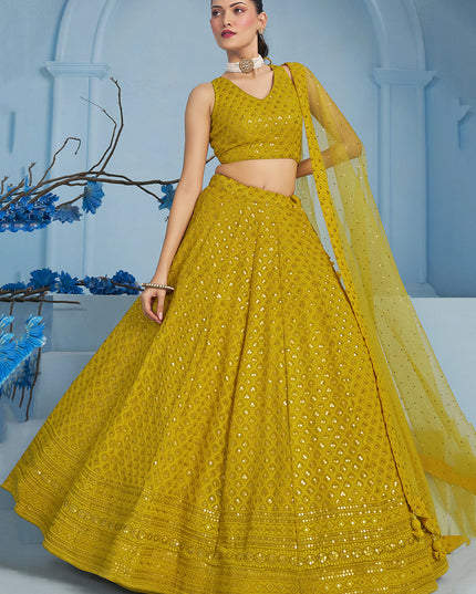 mustard yellow embroidered georgette lehenga choli for wedding