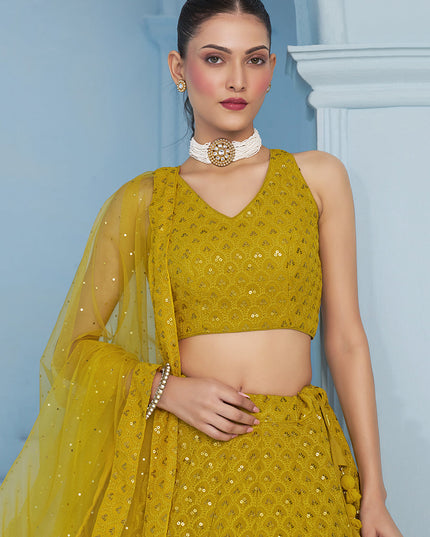 mustard yellow embroidered georgette lehenga choli for wedding