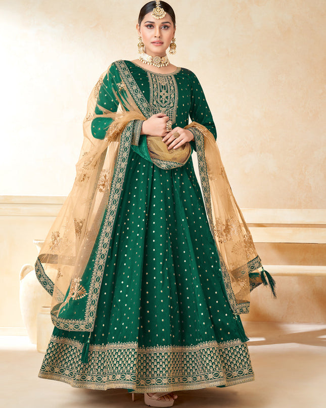 Bottle Green Silk Embroidered Anarkali Suit