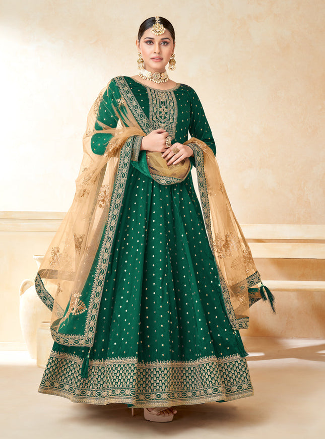 Bottle Green Silk Embroidered Anarkali Suit