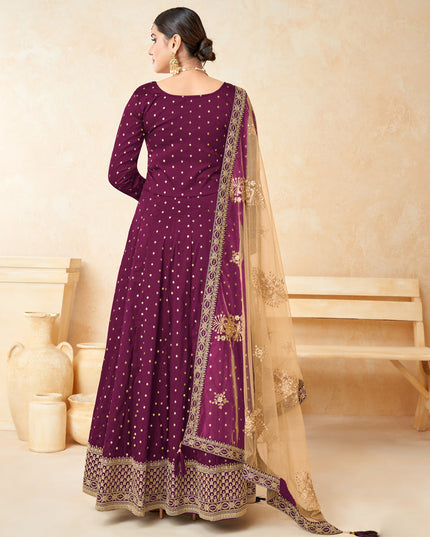 Wine Silk Embroidered Anarkali Suit
