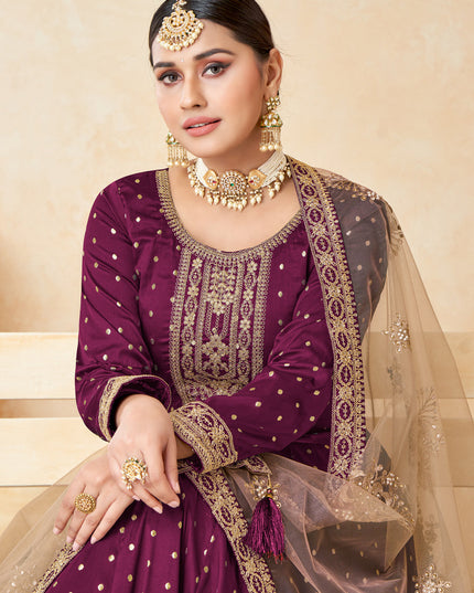 Wine Silk Embroidered Anarkali Suit