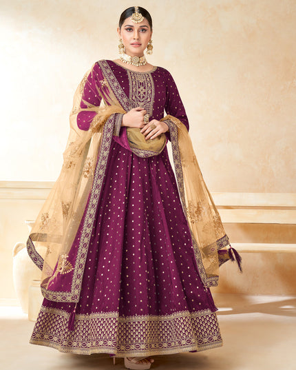 Wine Silk Embroidered Anarkali Suit