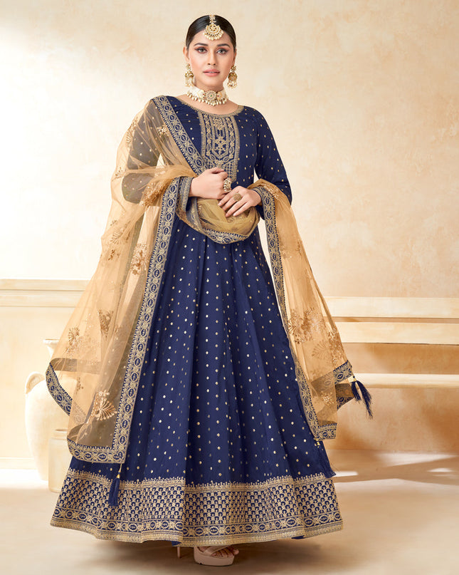 Navy Blue Silk Embroidered Anarkali Suit
