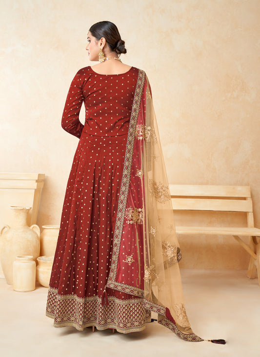 Maroon Silk Embroidered Anarkali Suit