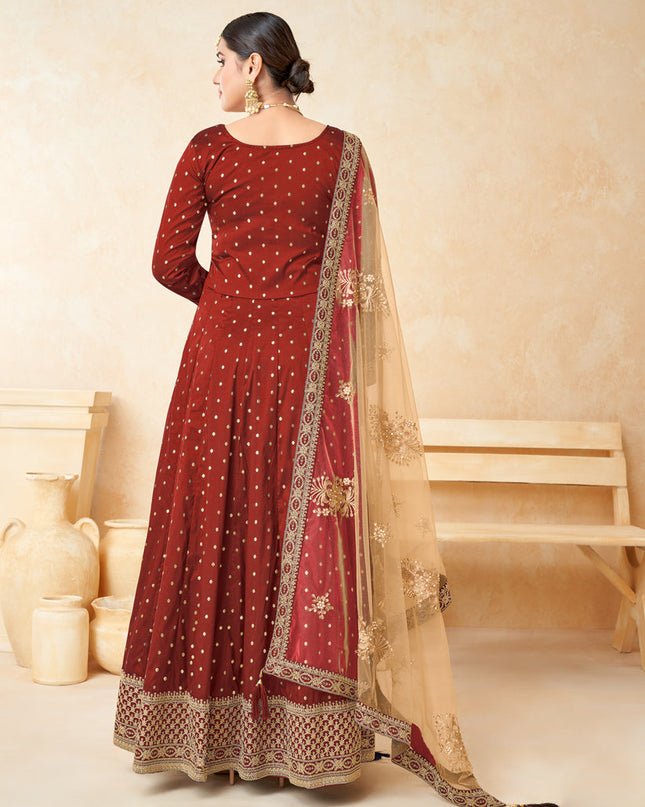 Maroon Silk Embroidered Anarkali Suit