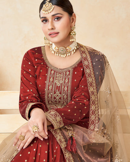 Maroon Silk Embroidered Anarkali Suit