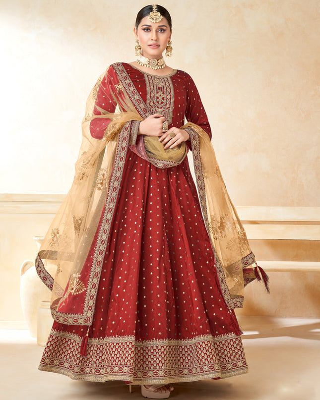 Maroon Silk Embroidered Anarkali Suit