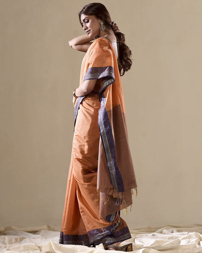 Salmon Orange Handloom Cotton Saree for Festival