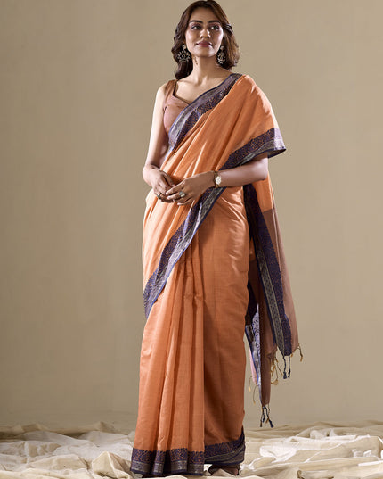 Salmon Orange Handloom Cotton Saree for Festival