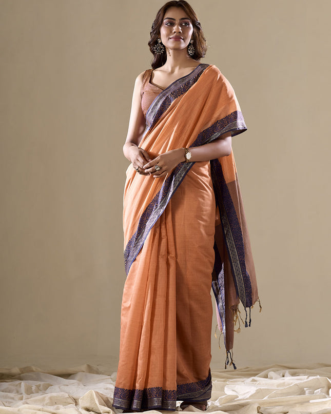 Salmon Orange Handloom Cotton Saree for Festival