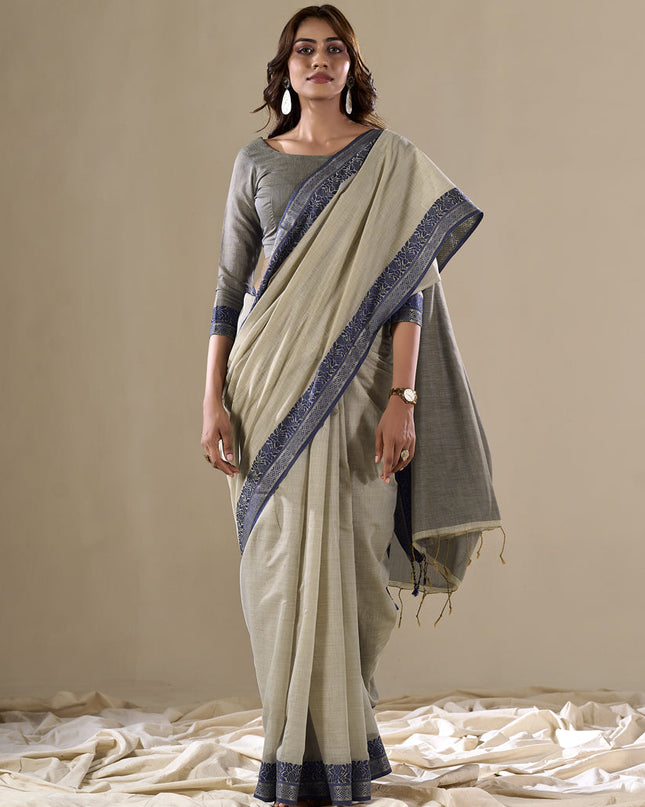 Dusty Cream Handloom Cotton Saree for Festival