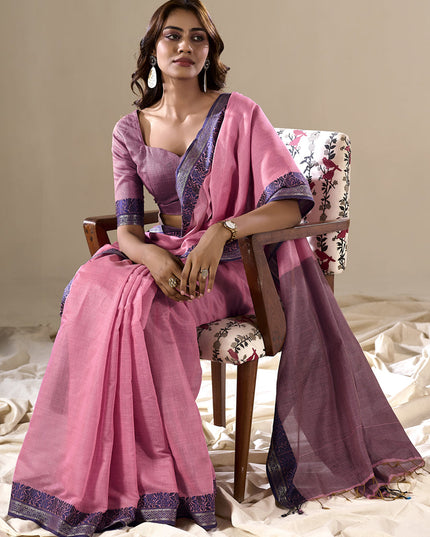 Carnation Pink Handloom Cotton Saree for Festival