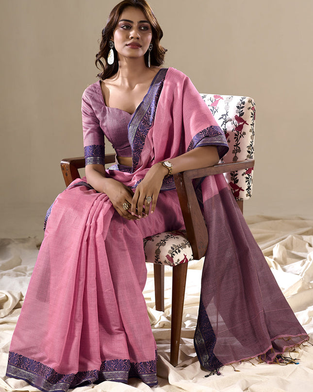 Carnation Pink Handloom Cotton Saree for Festival