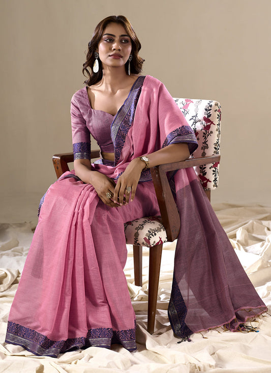 Carnation Pink Handloom Cotton Saree for Festival