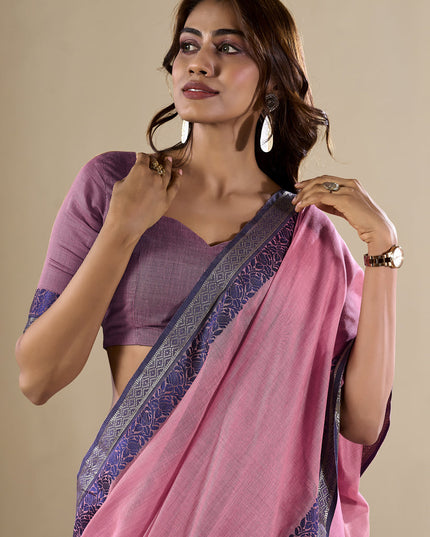 Carnation Pink Handloom Cotton Saree for Festival