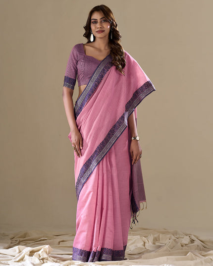Carnation Pink Handloom Cotton Saree for Festival