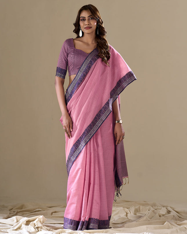 Carnation Pink Handloom Cotton Saree for Festival