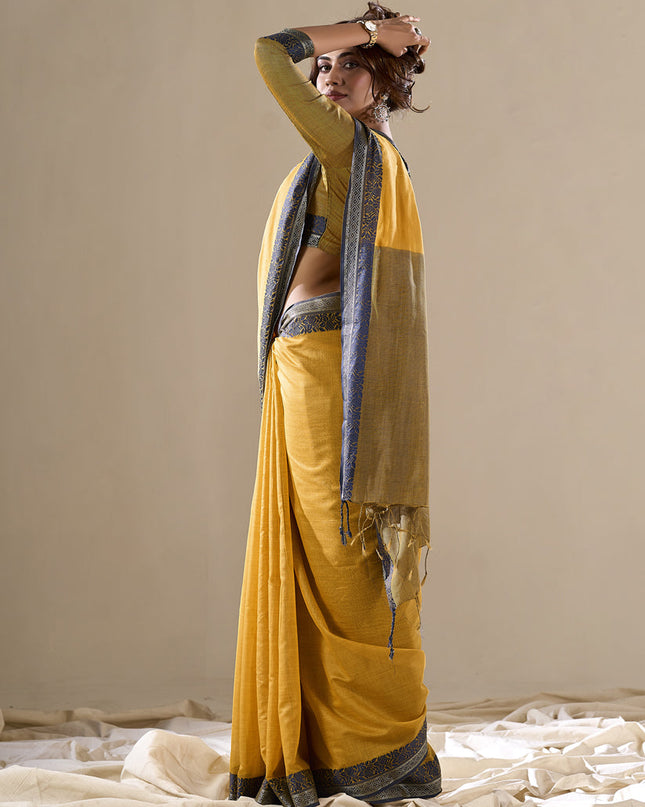 Turmeric Yellow Handloom Cotton Saree for Festival