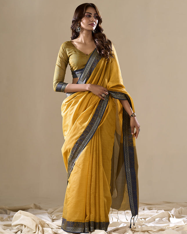 Turmeric Yellow Handloom Cotton Saree for Festival