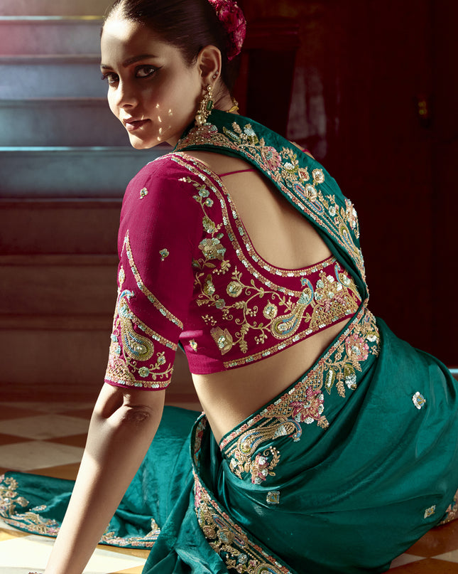 Incredible Peacock Green Embroidered Designer Wedding Saree