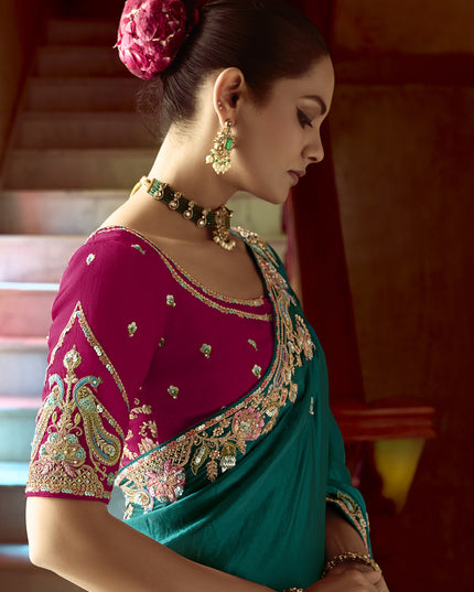 Incredible Peacock Green Embroidered Designer Wedding Saree