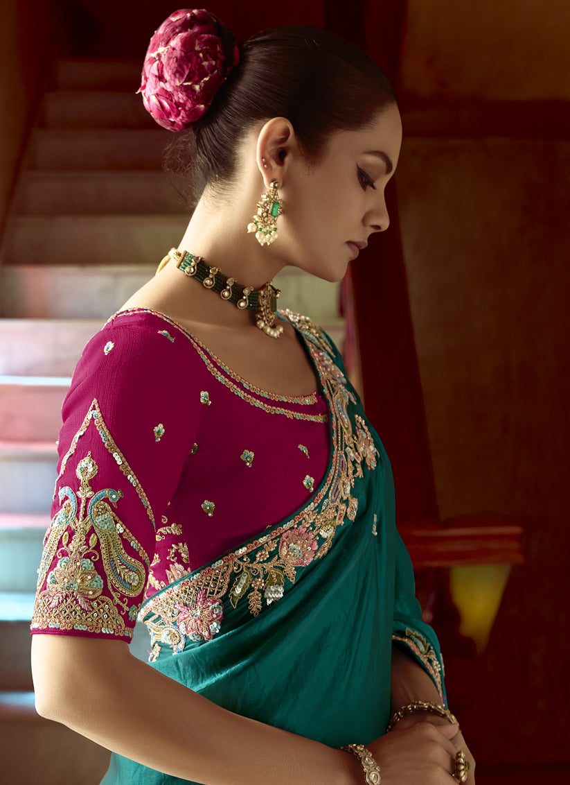 Incredible Peacock Green Embroidered Designer Wedding Saree