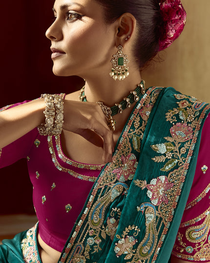 Incredible Peacock Green Embroidered Designer Wedding Saree