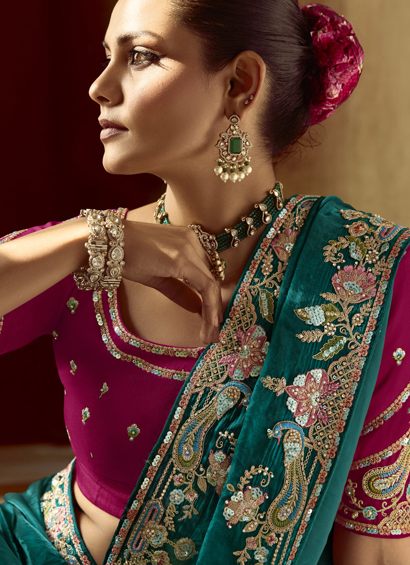 Incredible Peacock Green Embroidered Designer Wedding Saree