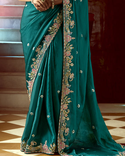 Incredible Peacock Green Embroidered Designer Wedding Saree