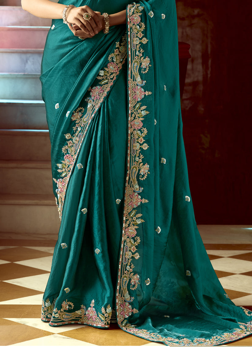 Incredible Peacock Green Embroidered Designer Wedding Saree