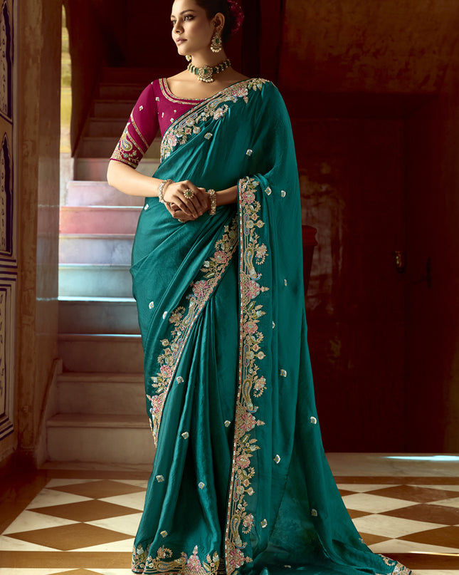 Incredible Peacock Green Embroidered Designer Wedding Saree