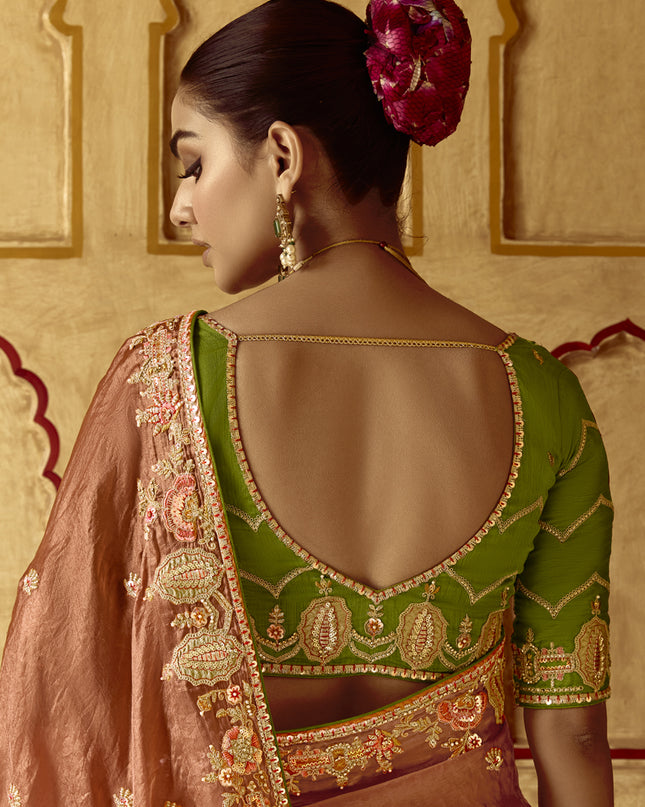 Spectacular Salmon Orange Embroidered Designer Wedding Saree