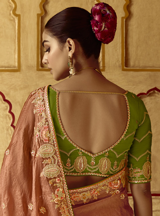 Spectacular Salmon Orange Embroidered Designer Wedding Saree