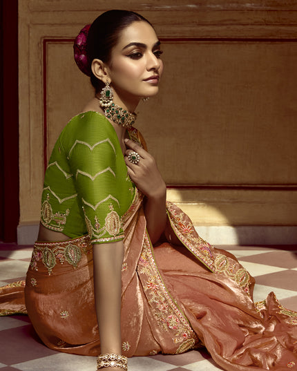 Spectacular Salmon Orange Embroidered Designer Wedding Saree