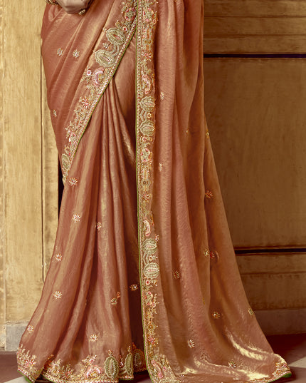 Spectacular Salmon Orange Embroidered Designer Wedding Saree