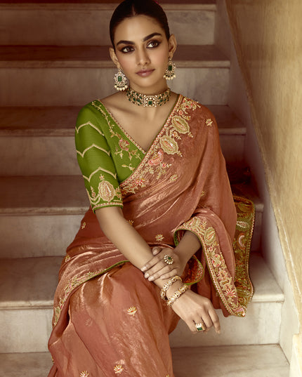 Spectacular Salmon Orange Embroidered Designer Wedding Saree