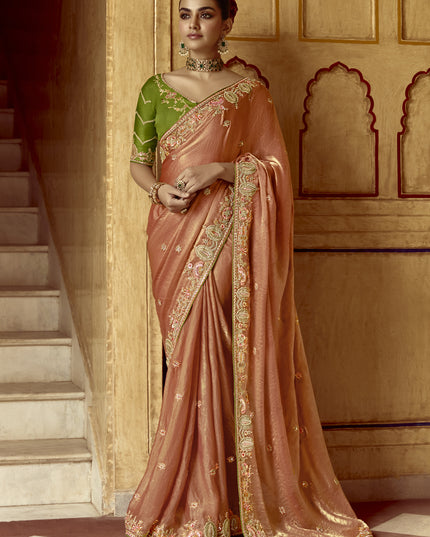 Spectacular Salmon Orange Embroidered Designer Wedding Saree