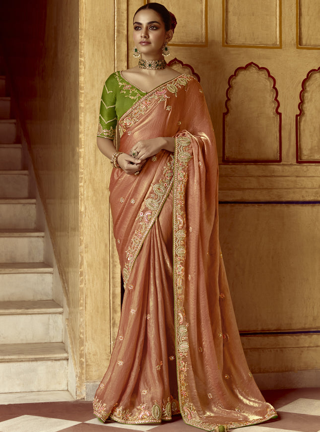 Spectacular Salmon Orange Embroidered Designer Wedding Saree