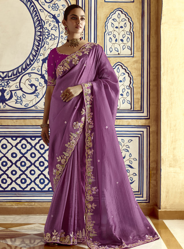Charismatic Onion Pink Embroidered Designer Wedding Saree