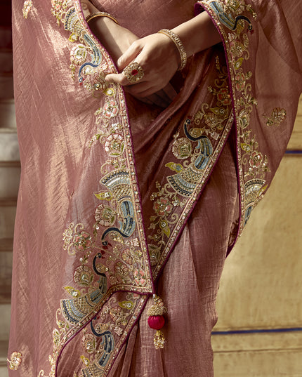 Exquisite Rose Taupe Embroidered Designer Wedding Saree