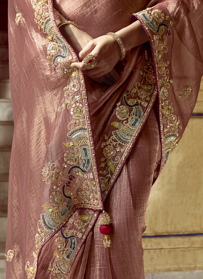 Exquisite Rose Taupe Embroidered Designer Wedding Saree