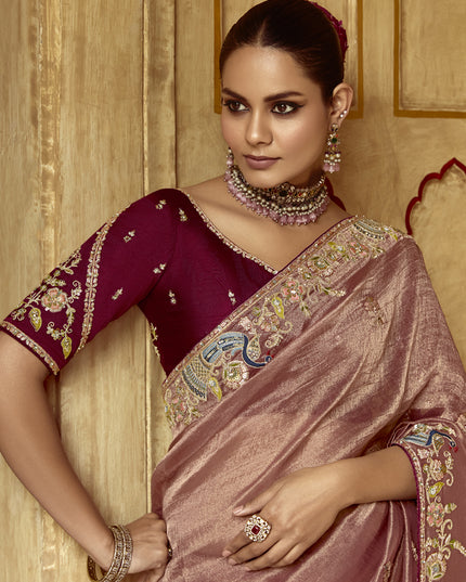 Exquisite Rose Taupe Embroidered Designer Wedding Saree