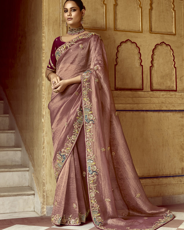 Exquisite Rose Taupe Embroidered Designer Wedding Saree