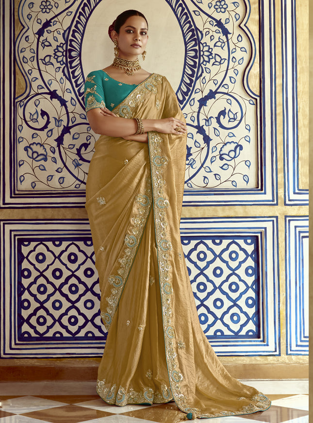Sophisticated Fawn Embroidered Designer Wedding Saree