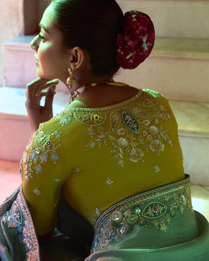 Impeccable Teal Grey Embroidered Designer Wedding Saree